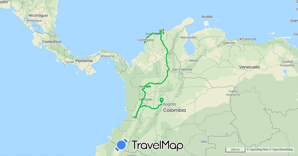 TravelMap itinerary: driving, bus, hiking in Colombia (South America)