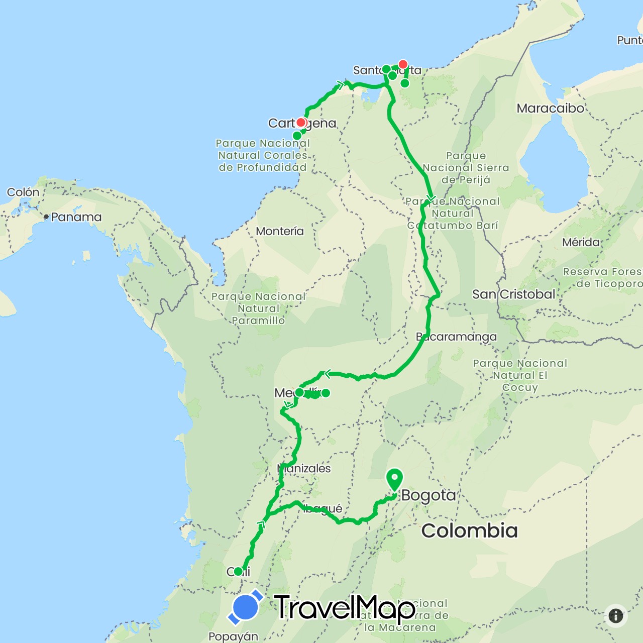 TravelMap itinerary: driving, bus, hiking in Colombia (South America)
