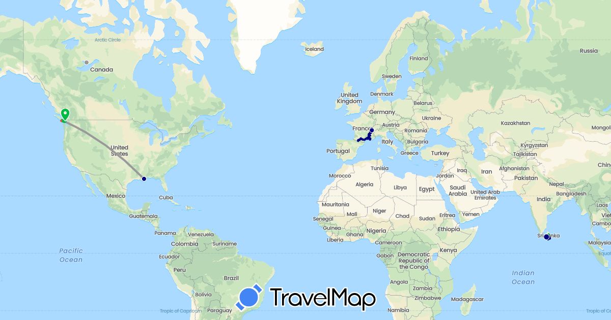 TravelMap itinerary: driving, bus, plane, train, hiking, boat in Canada, Switzerland, France, Sri Lanka, United States (Asia, Europe, North America)