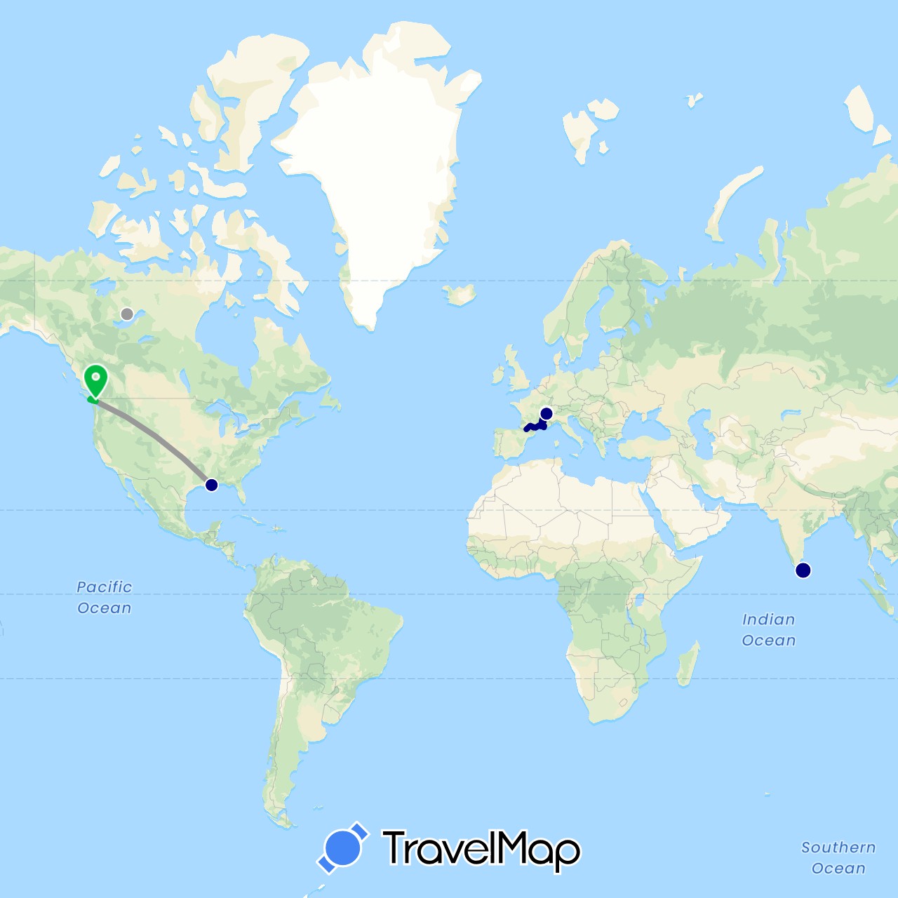 TravelMap itinerary: driving, bus, plane, train, hiking, boat in Canada, Switzerland, France, Sri Lanka, United States (Asia, Europe, North America)