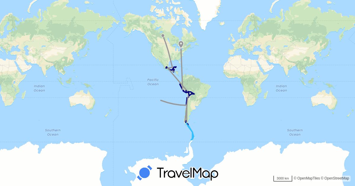 TravelMap itinerary: driving, plane, boat in Antarctica, Argentina, Bolivia, Canada, Chile, Guatemala, Mexico, Peru (Antarctica, North America, South America)