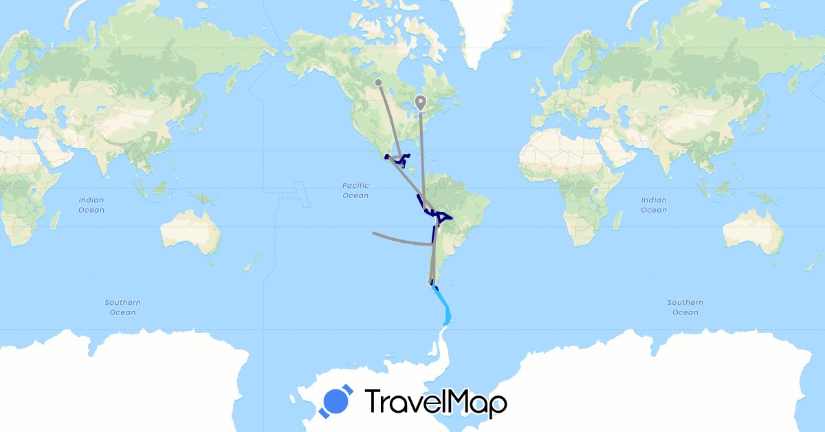 TravelMap itinerary: driving, plane, boat in Antarctica, Argentina, Bolivia, Canada, Chile, Guatemala, Mexico, Peru (Antarctica, North America, South America)