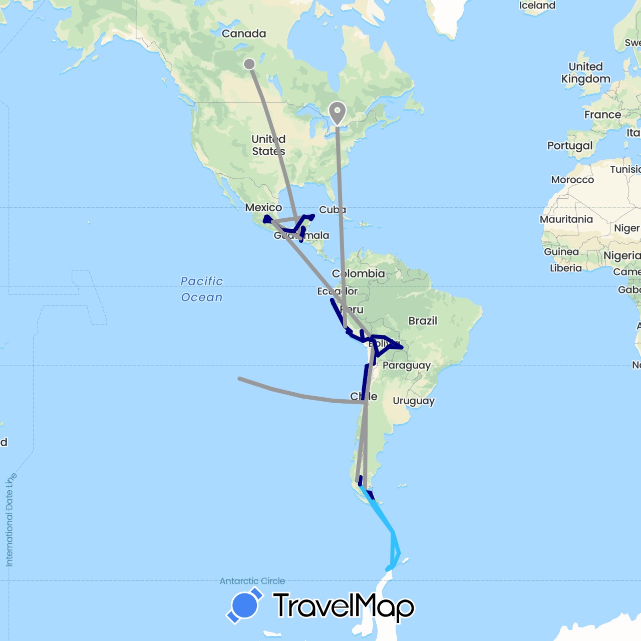 TravelMap itinerary: driving, plane, boat in Antarctica, Argentina, Bolivia, Canada, Chile, Guatemala, Mexico, Peru (Antarctica, North America, South America)