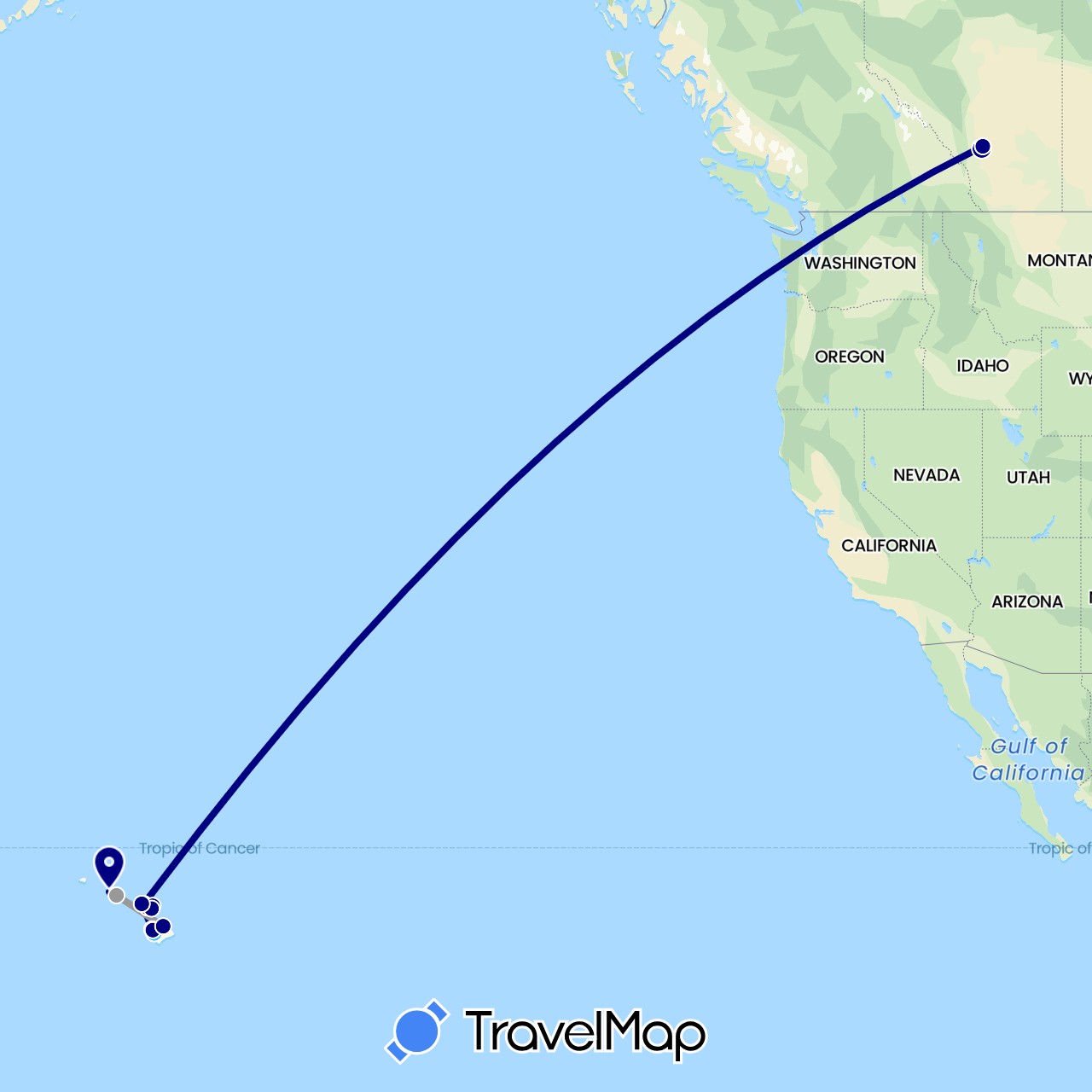 TravelMap itinerary: driving, plane, boat in Canada, United States (North America)