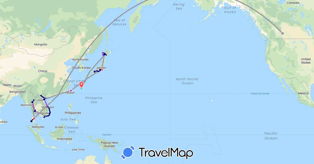 TravelMap itinerary: driving, bus, plane, cycling, train, hiking, boat in Canada, China, Japan, Thailand, Taiwan, Vietnam (Asia, North America)