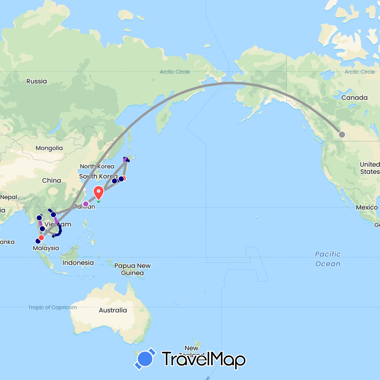 TravelMap itinerary: driving, bus, plane, cycling, train, hiking, boat in Canada, China, Japan, Thailand, Taiwan, Vietnam (Asia, North America)